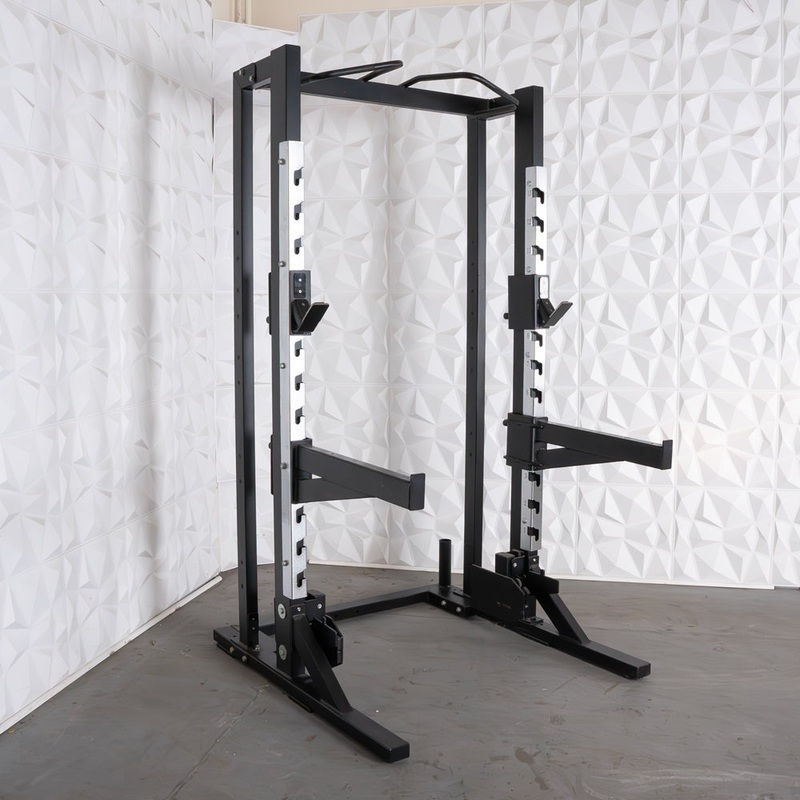 Deluxe Half Rack – Muscle D Fitness – Heavy Duty – Adjustable Safety Bars – Pull Up – Vertical Olympic Bar Storage