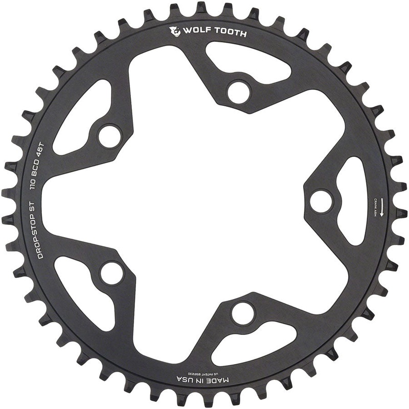 Wolf Tooth 110 BCD Gravel, CX and Road Chainring – 46t, 110 BCD, 5-Bolt, Drop-Stop ST, For Shimano HG+ and KMC 12-Speed Chains, Black